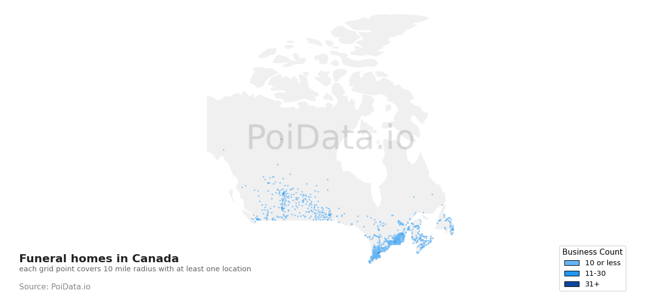 Funeral home density map for Canada