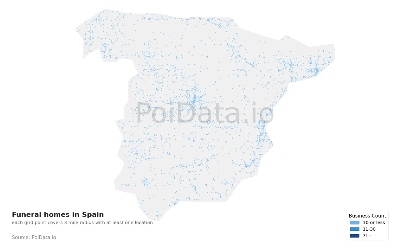 Funeral home density map for Spain