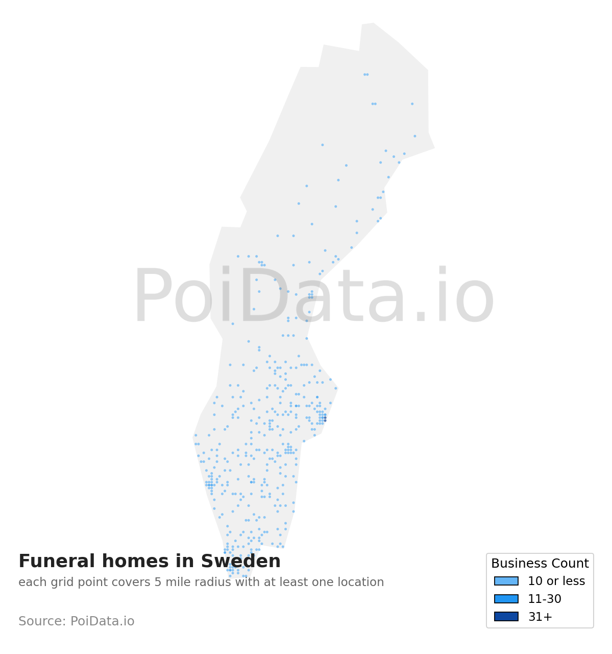 Funeral home density map for Sweden