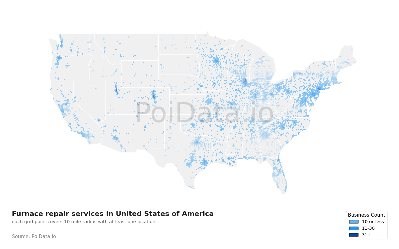 Furnace repair service density map for Virginia, United States
