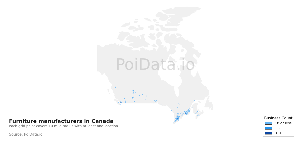 Furniture manufacturer density map for Alberta, Canada