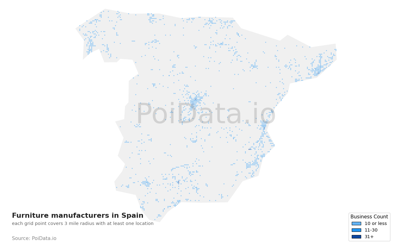 Furniture manufacturer density map for Spain