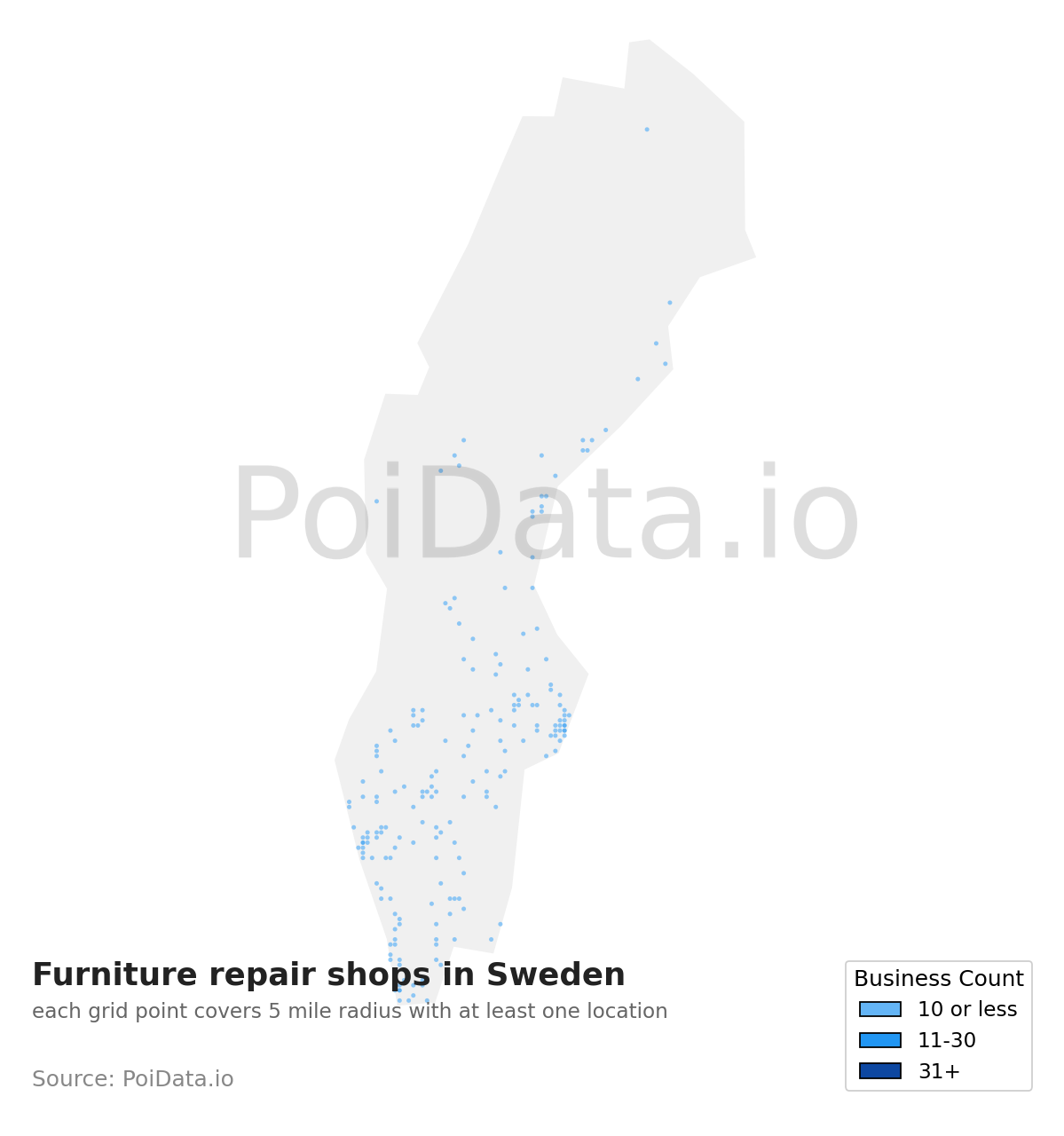 Furniture repair shop density map for Sweden