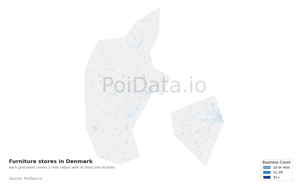 Furniture store density map for Denmark