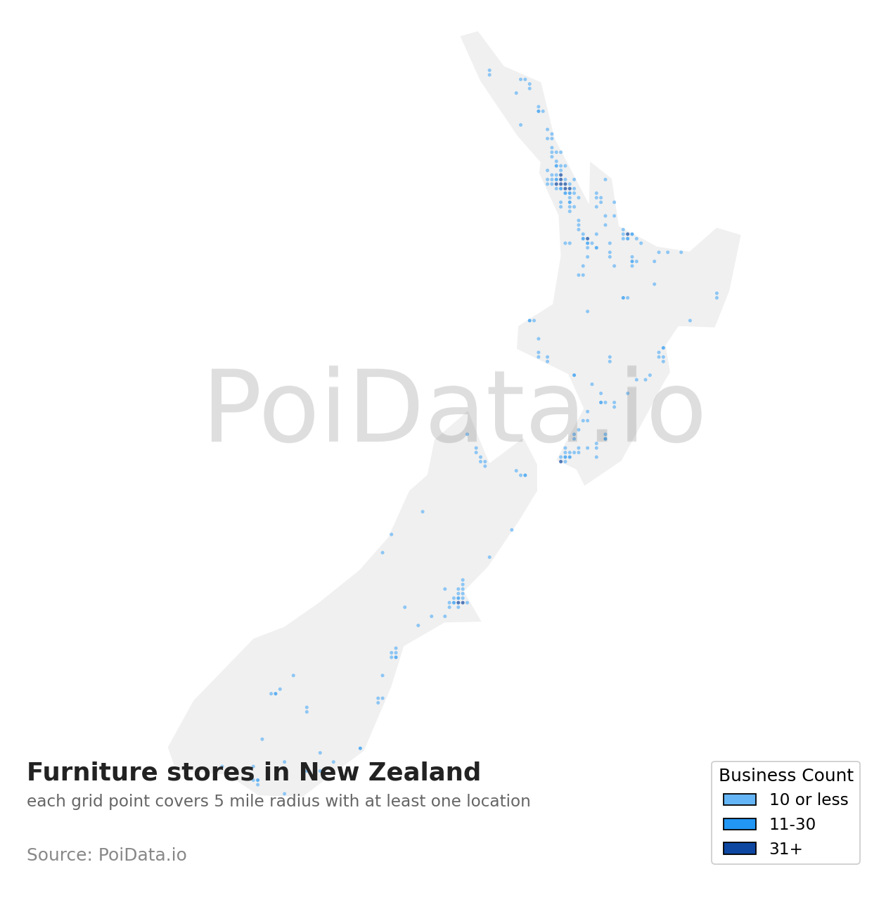 Furniture store density map for New Zealand