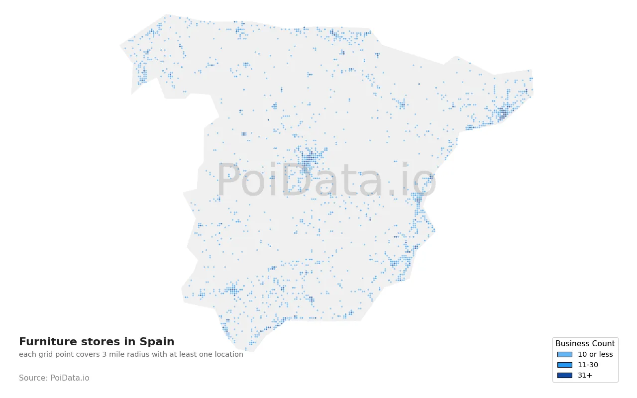 Furniture store density map for Spain