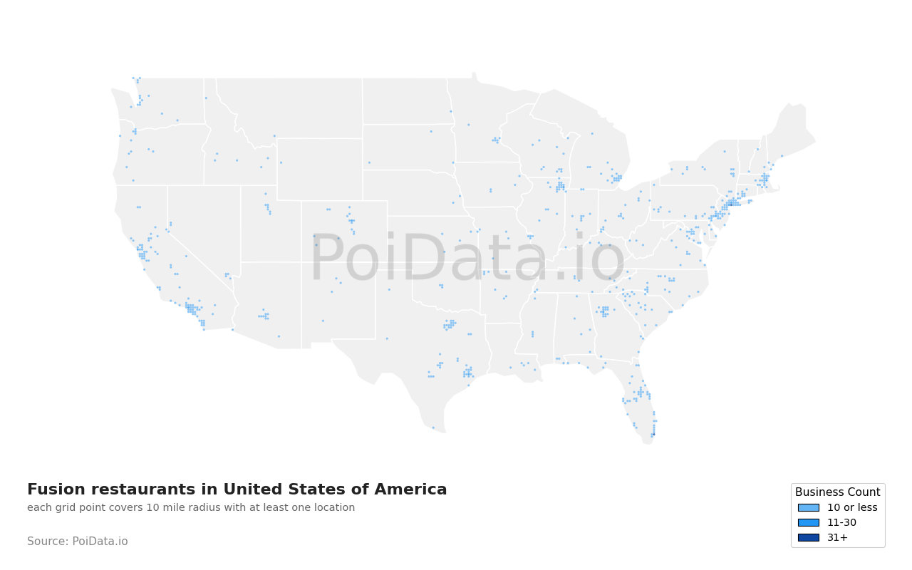 Fusion restaurant density map for Virginia, United States