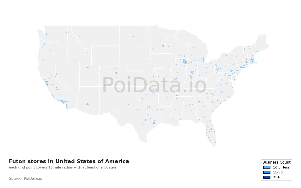 Futon store density map for United States