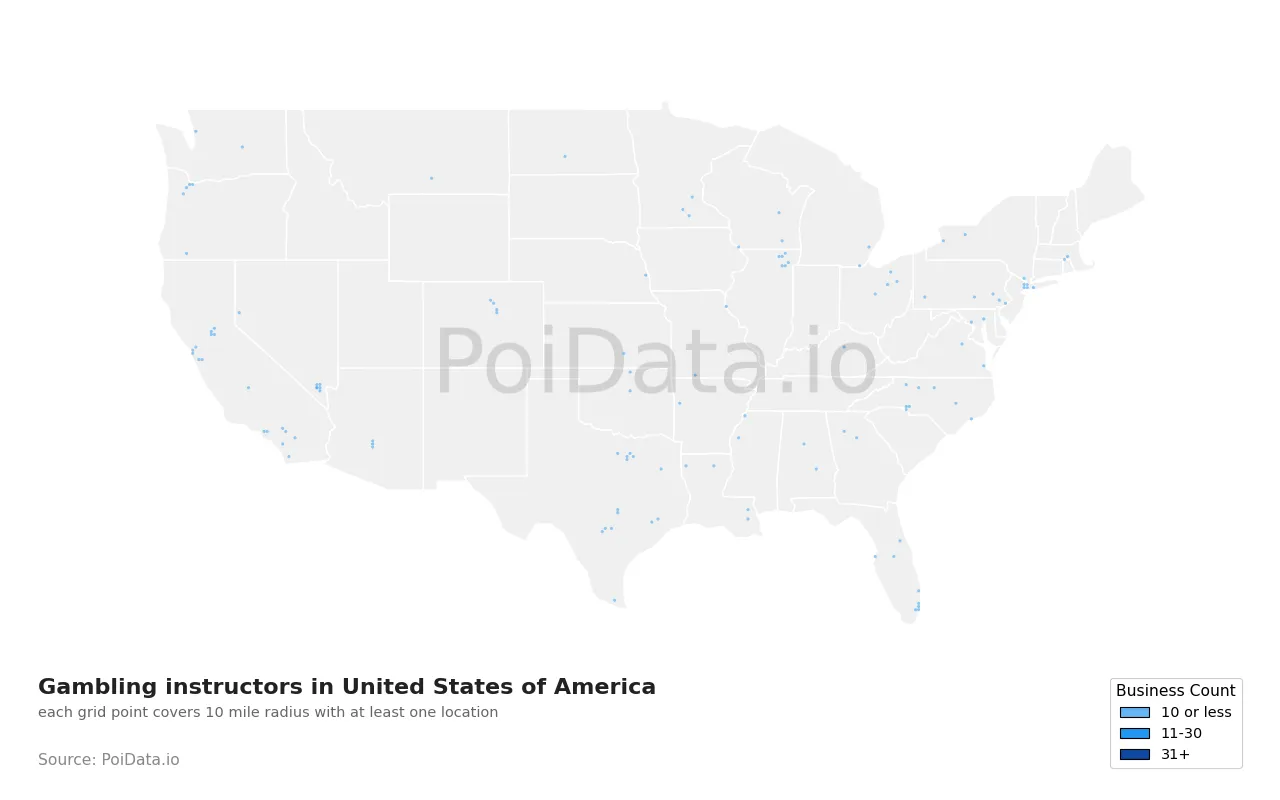 Gambling instructor density map for United States