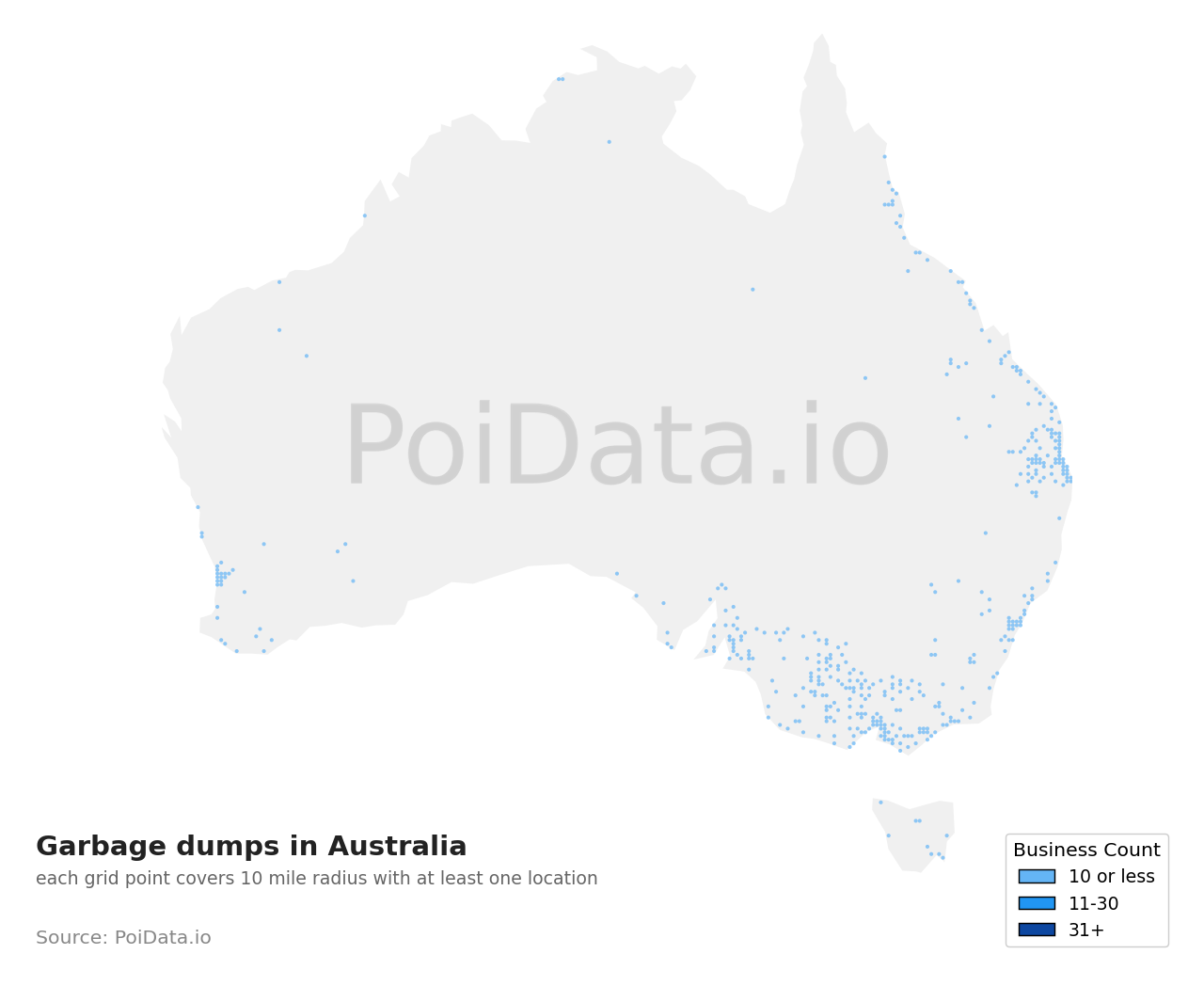 Garbage dump density map for Australia