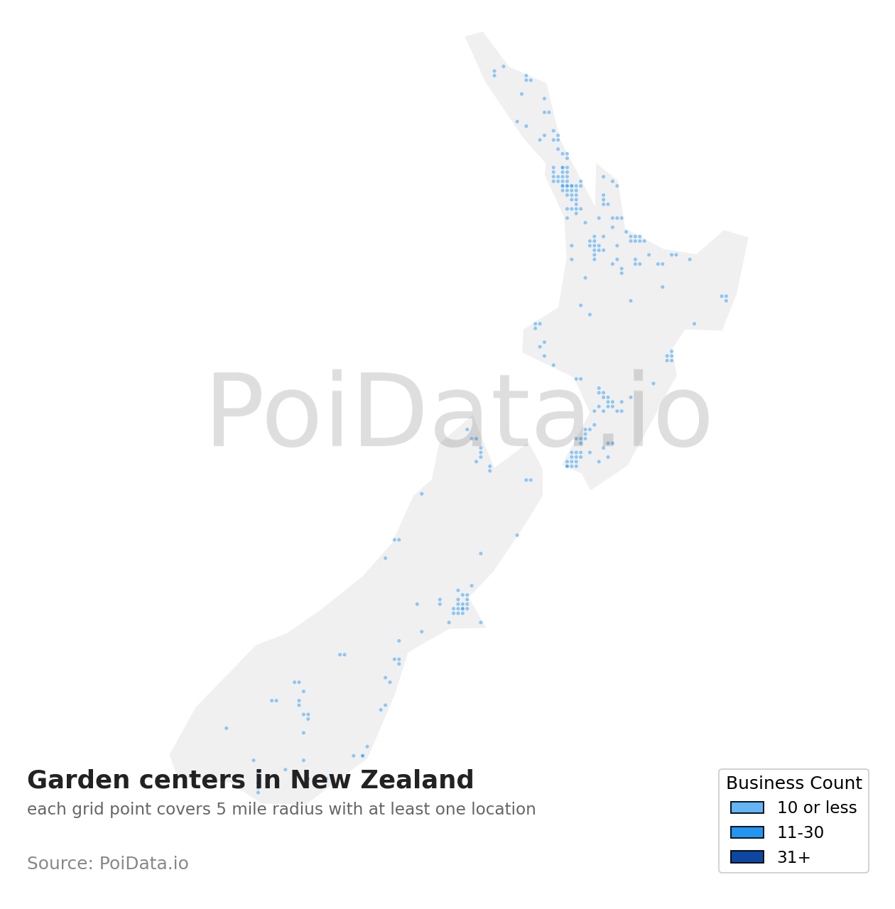 Garden center density map for New Zealand