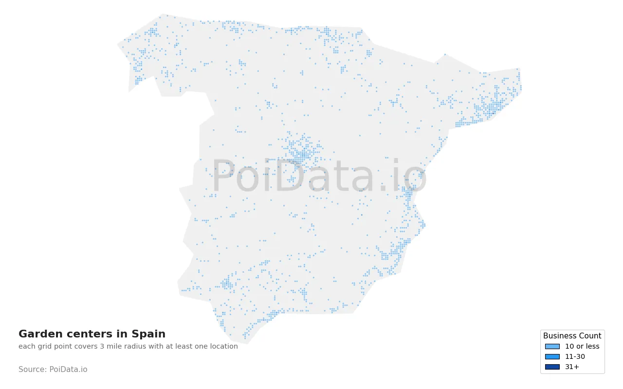 Garden center density map for Spain