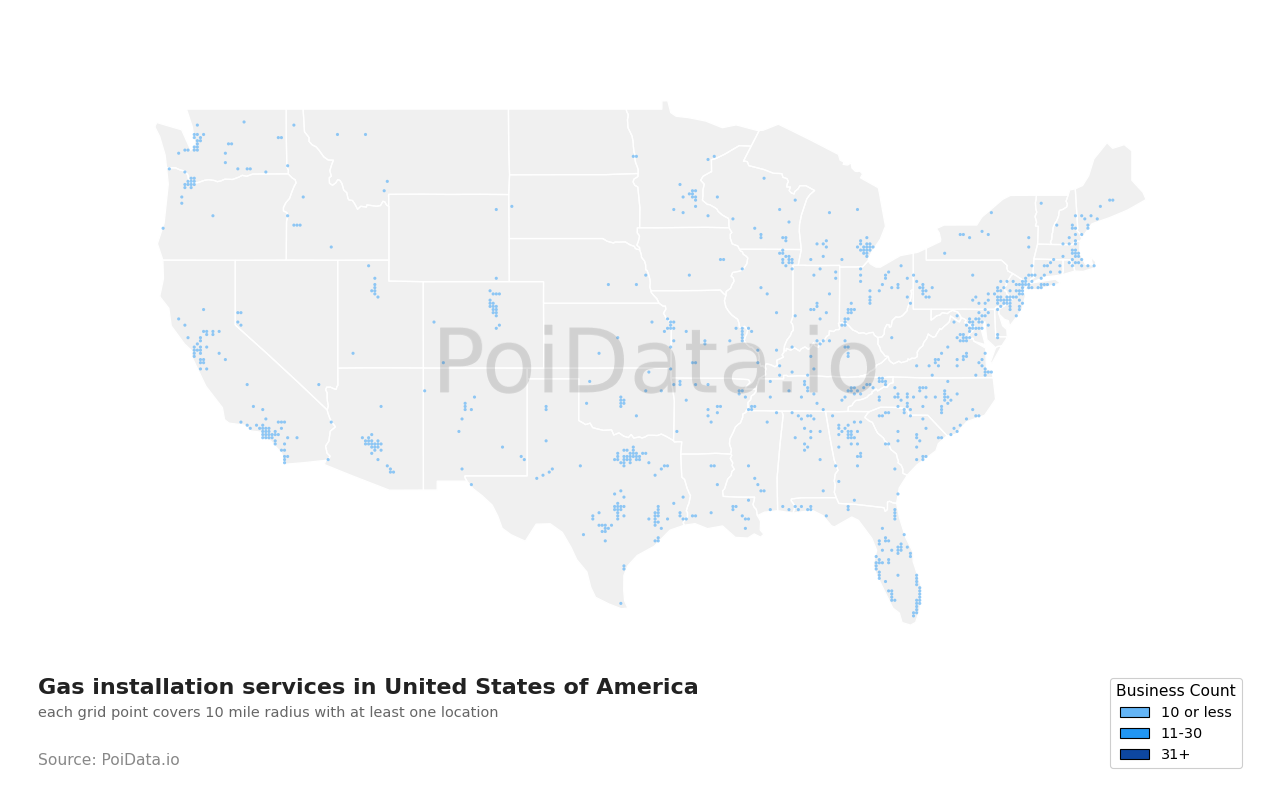 Gas installation service density map for United States
