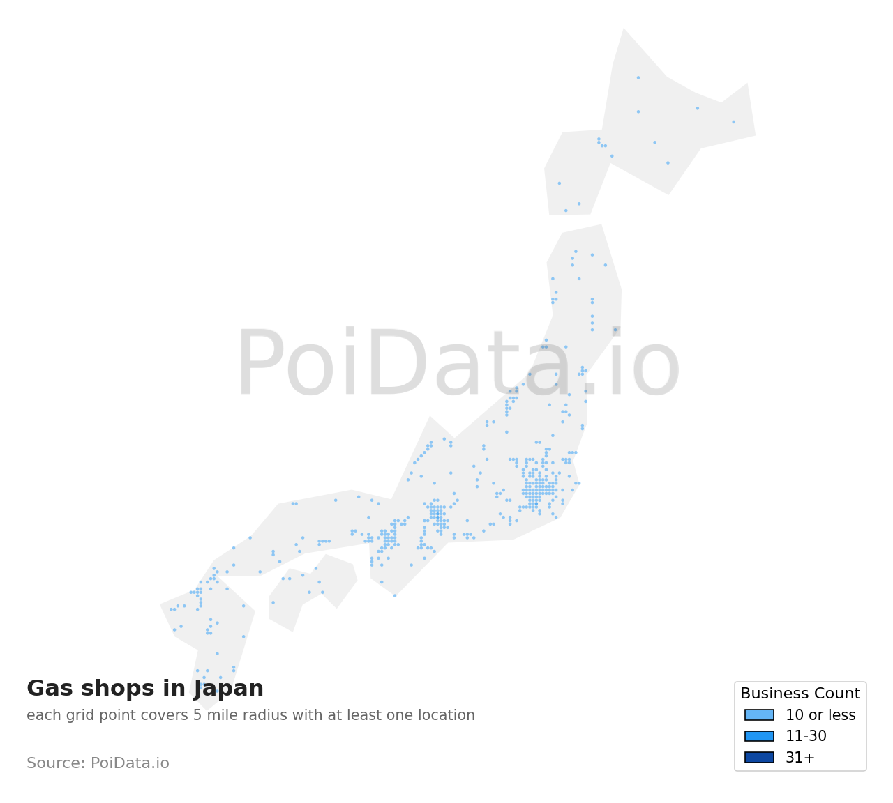 Gas shop density map for Japan
