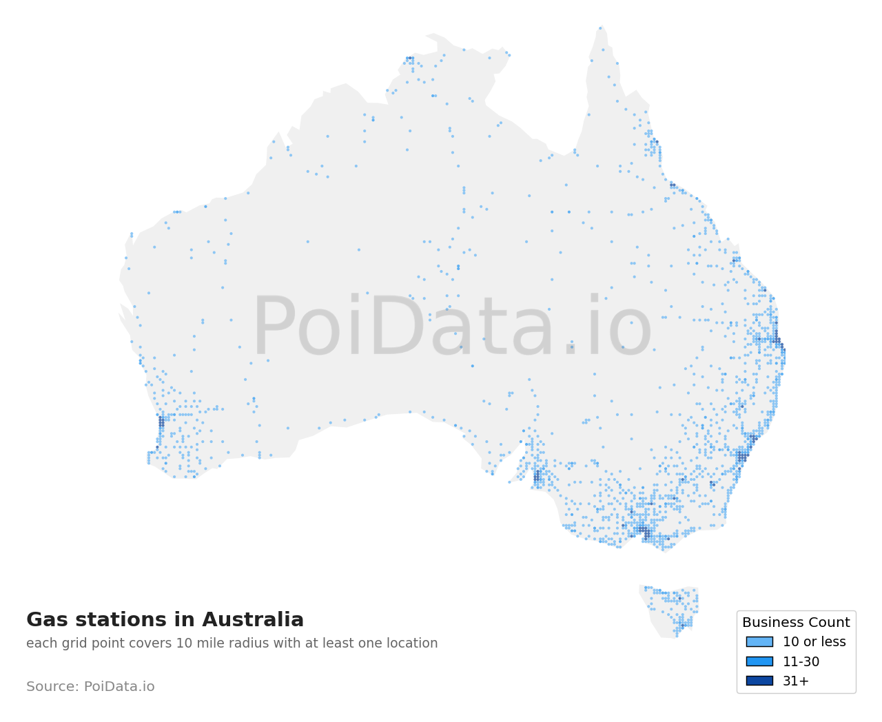 Gas station density map for Australia