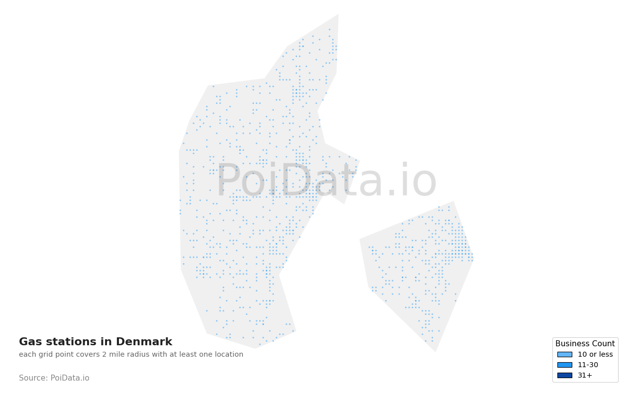 Gas station density map for Denmark