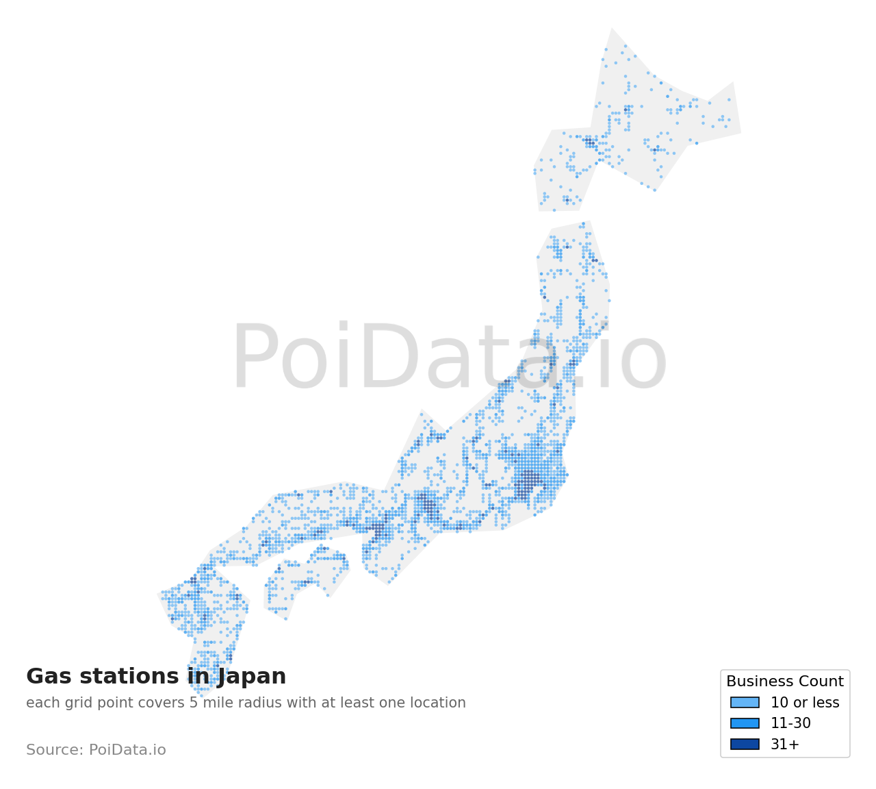 Gas station density map for Japan
