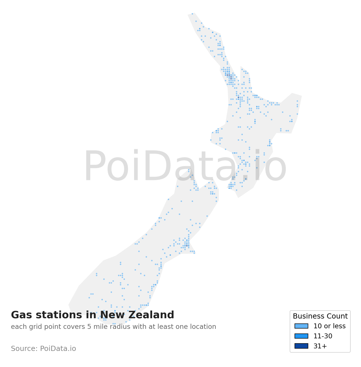 Gas station density map for New Zealand
