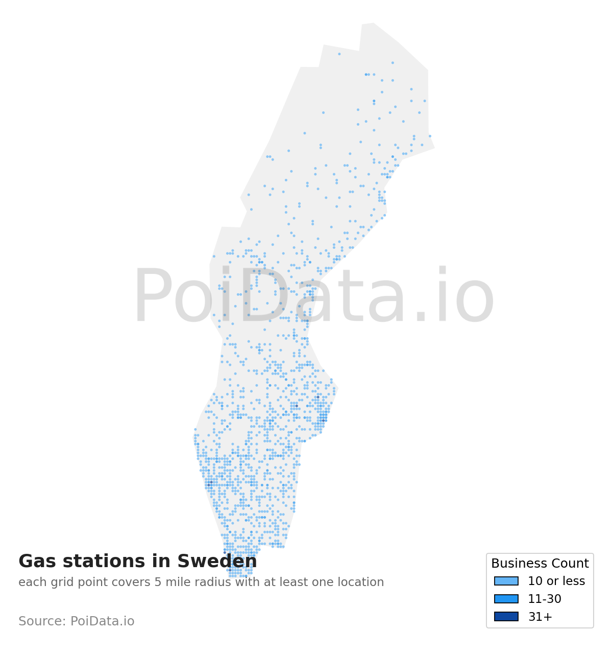 Gas station density map for Sweden