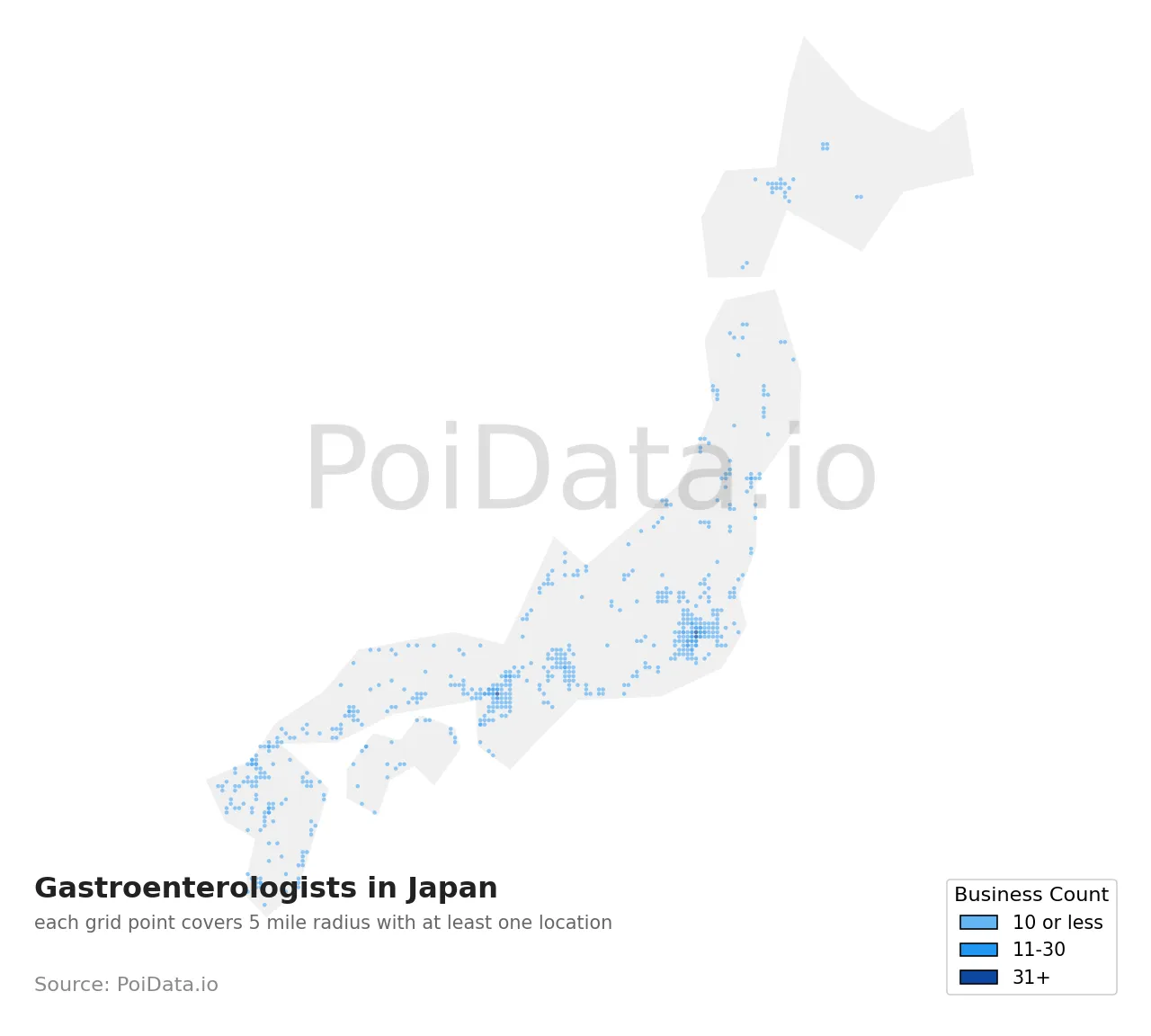 Gastroenterologist density map for Japan