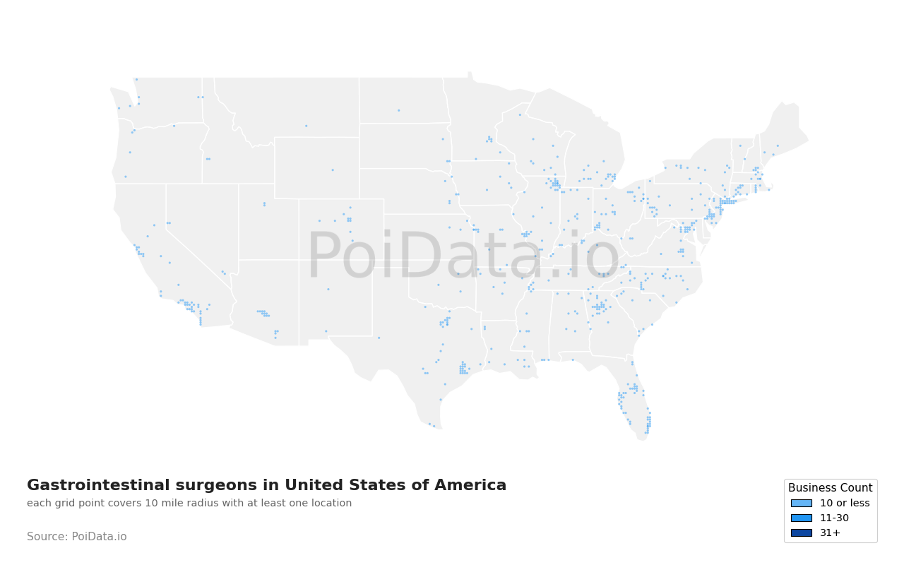 Gastrointestinal surgeon density map for United States