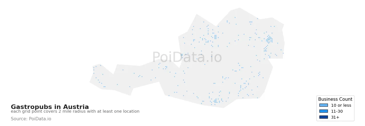 Gastropub density map for Austria