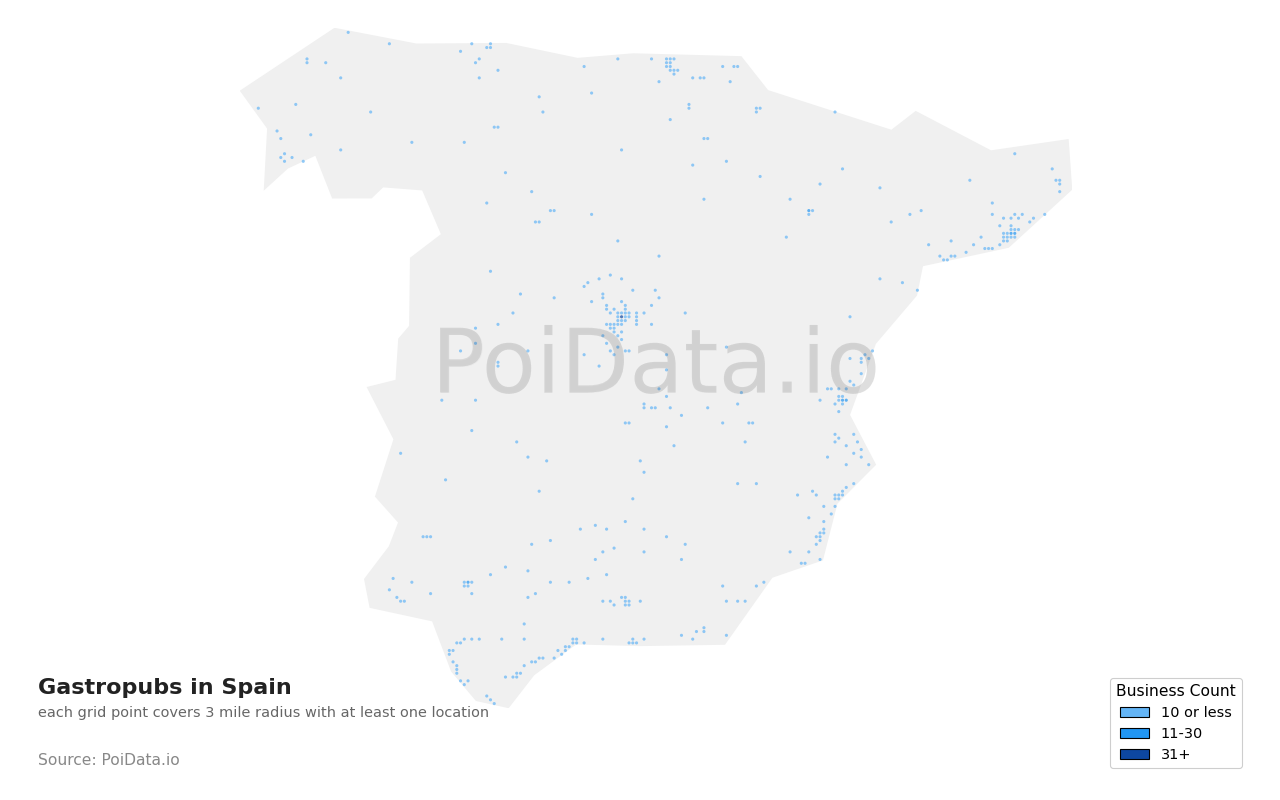 Gastropub density map for Spain