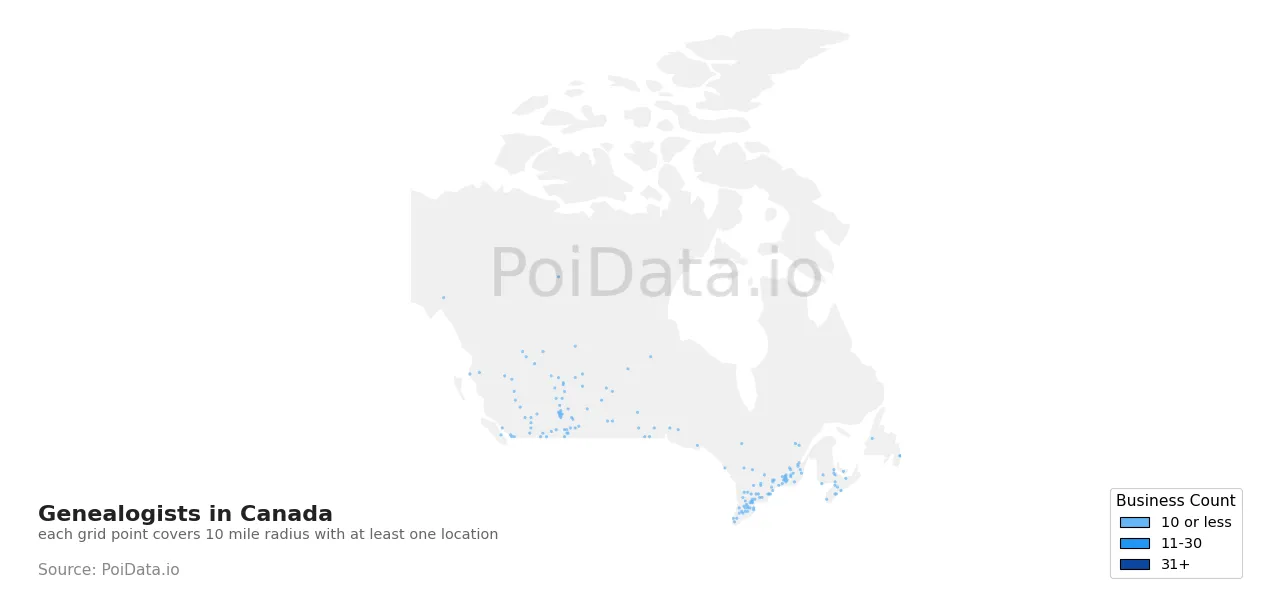 Genealogist density map for Canada