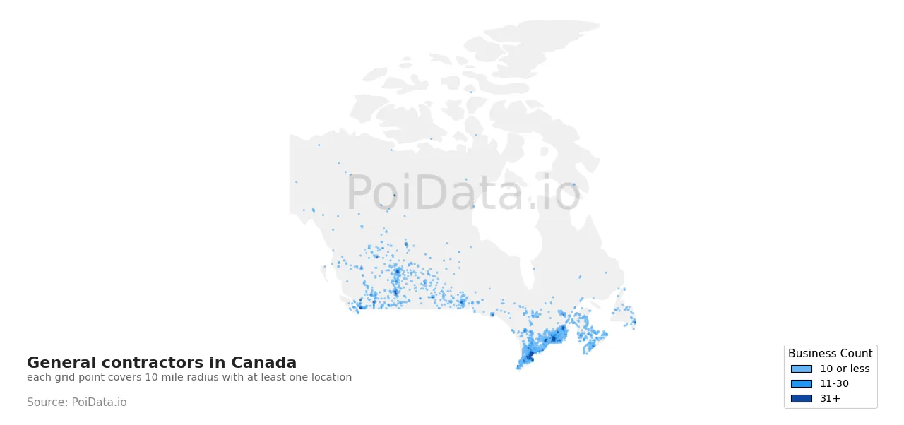 General contractor density map for Canada