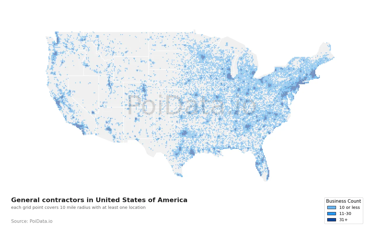 General contractor density map for United States