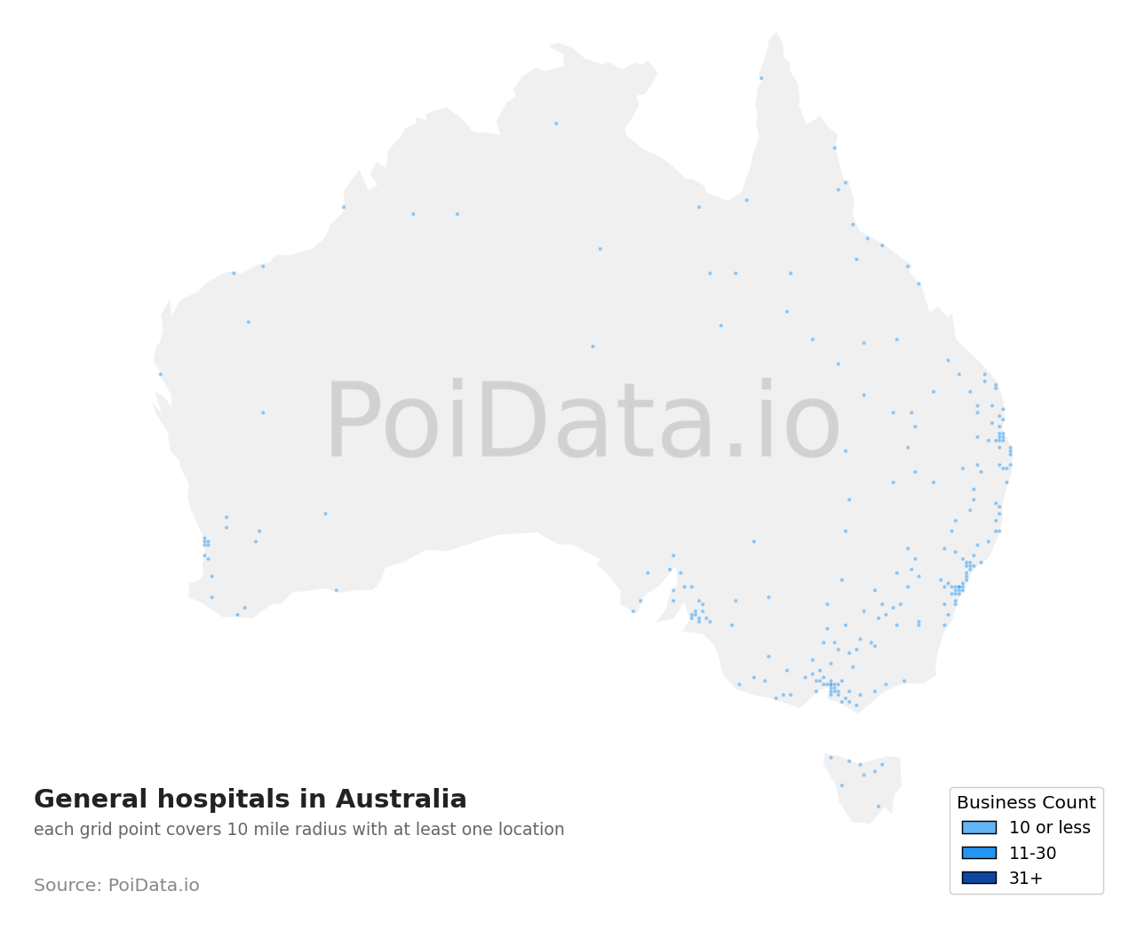 General hospital density map for Australia