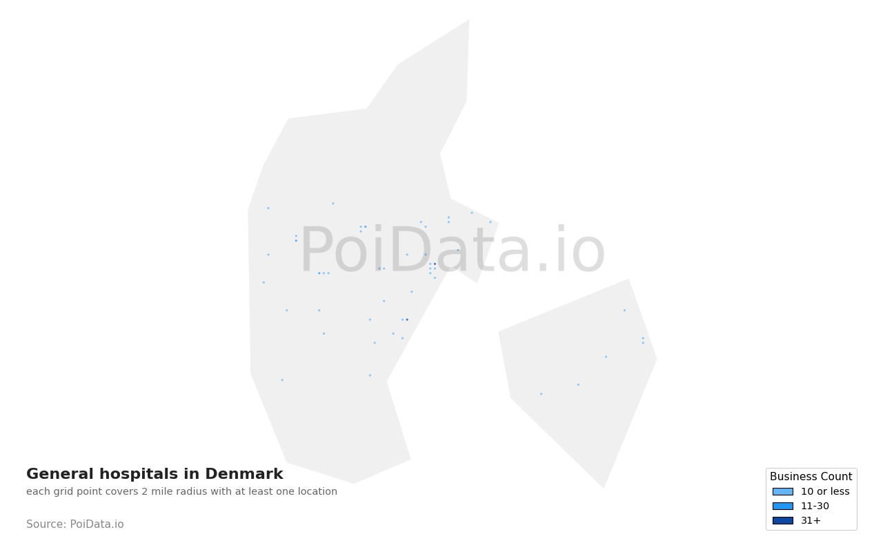 General hospital density map for Denmark