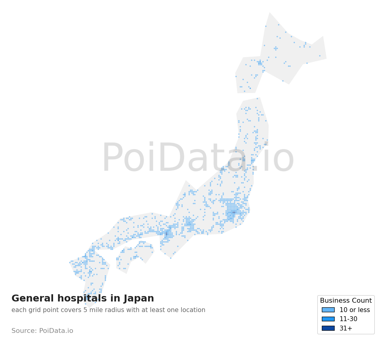 General hospital density map for Japan