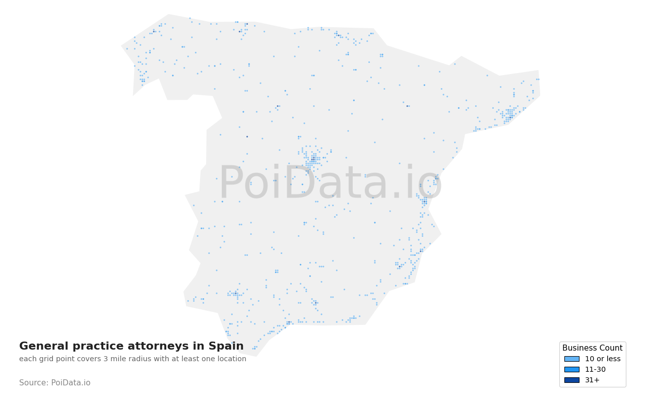 General practice attorney density map for Spain