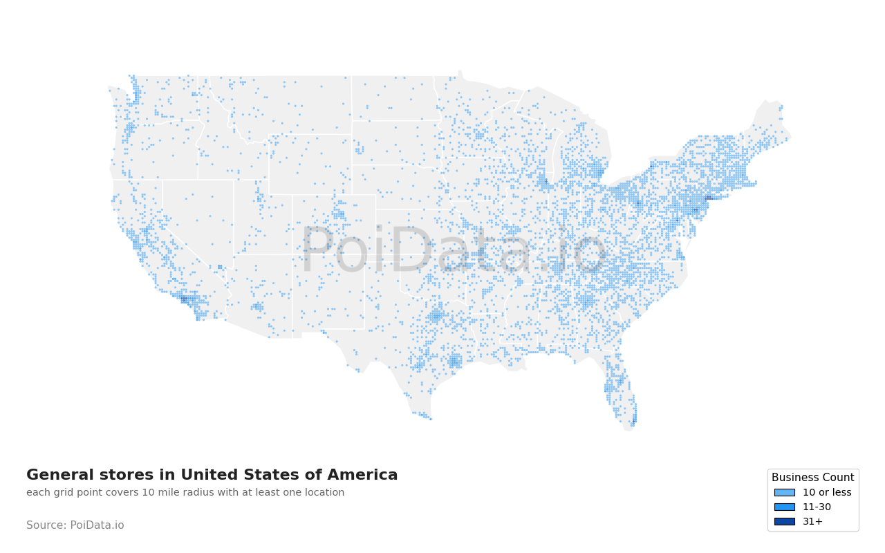 General store density map for Texas, United States