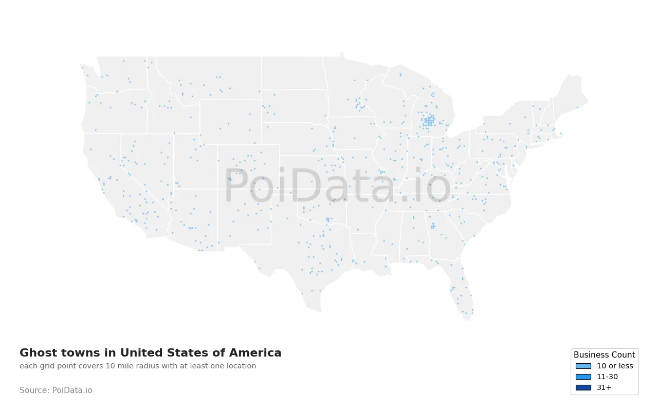 Ghost town density map for United States