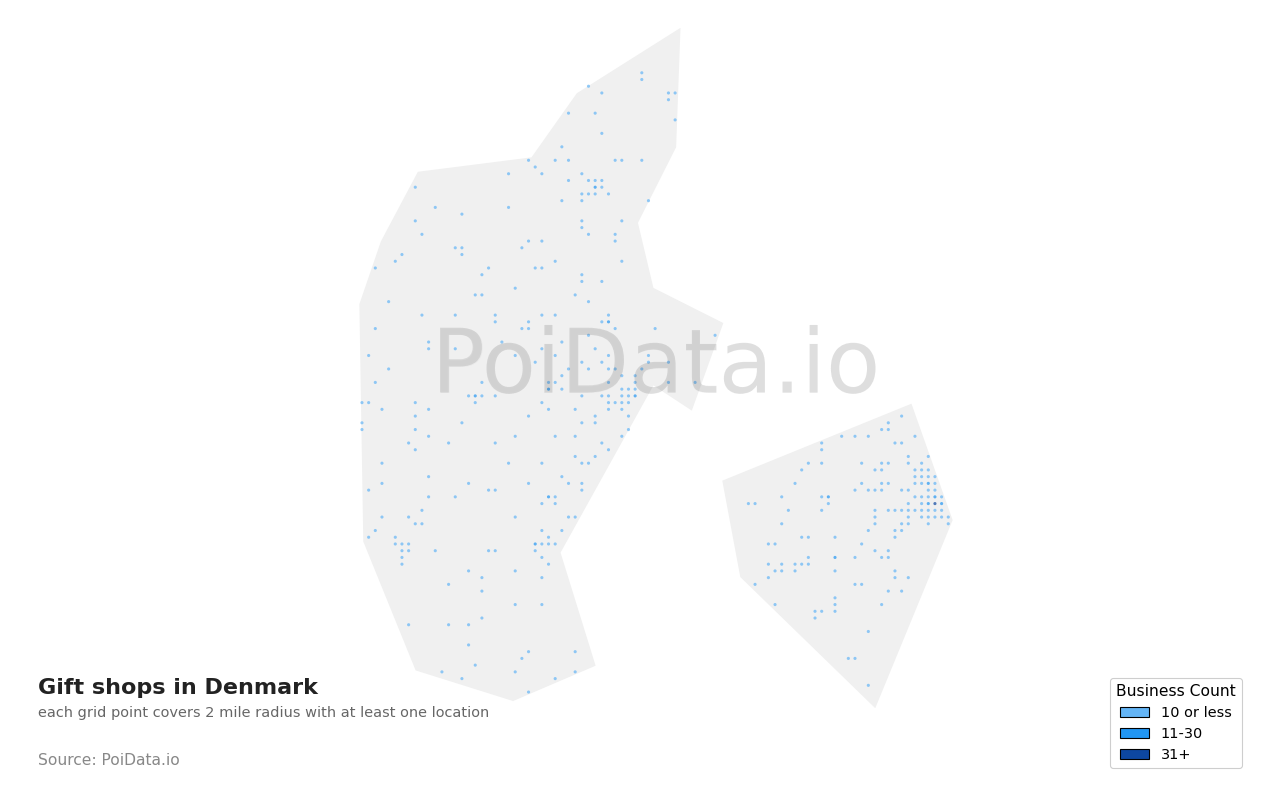 Gift shop density map for Denmark