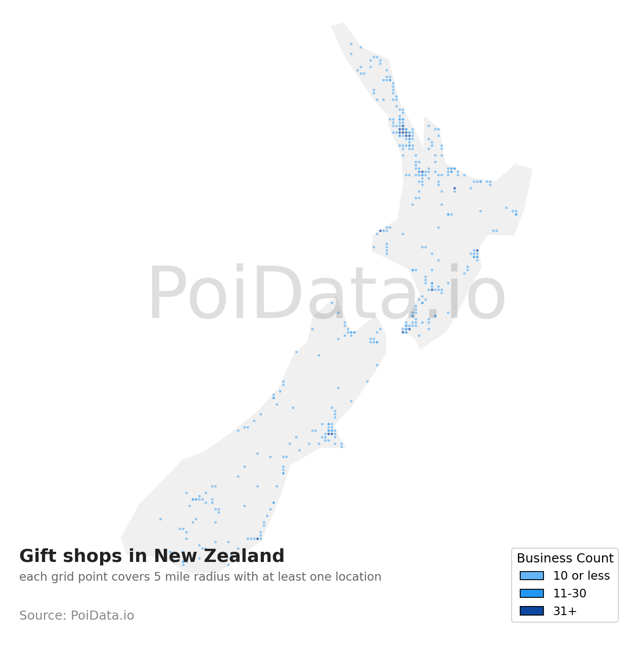 Gift shop density map for New Zealand