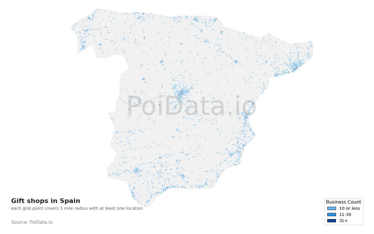 Gift shop density map for Spain