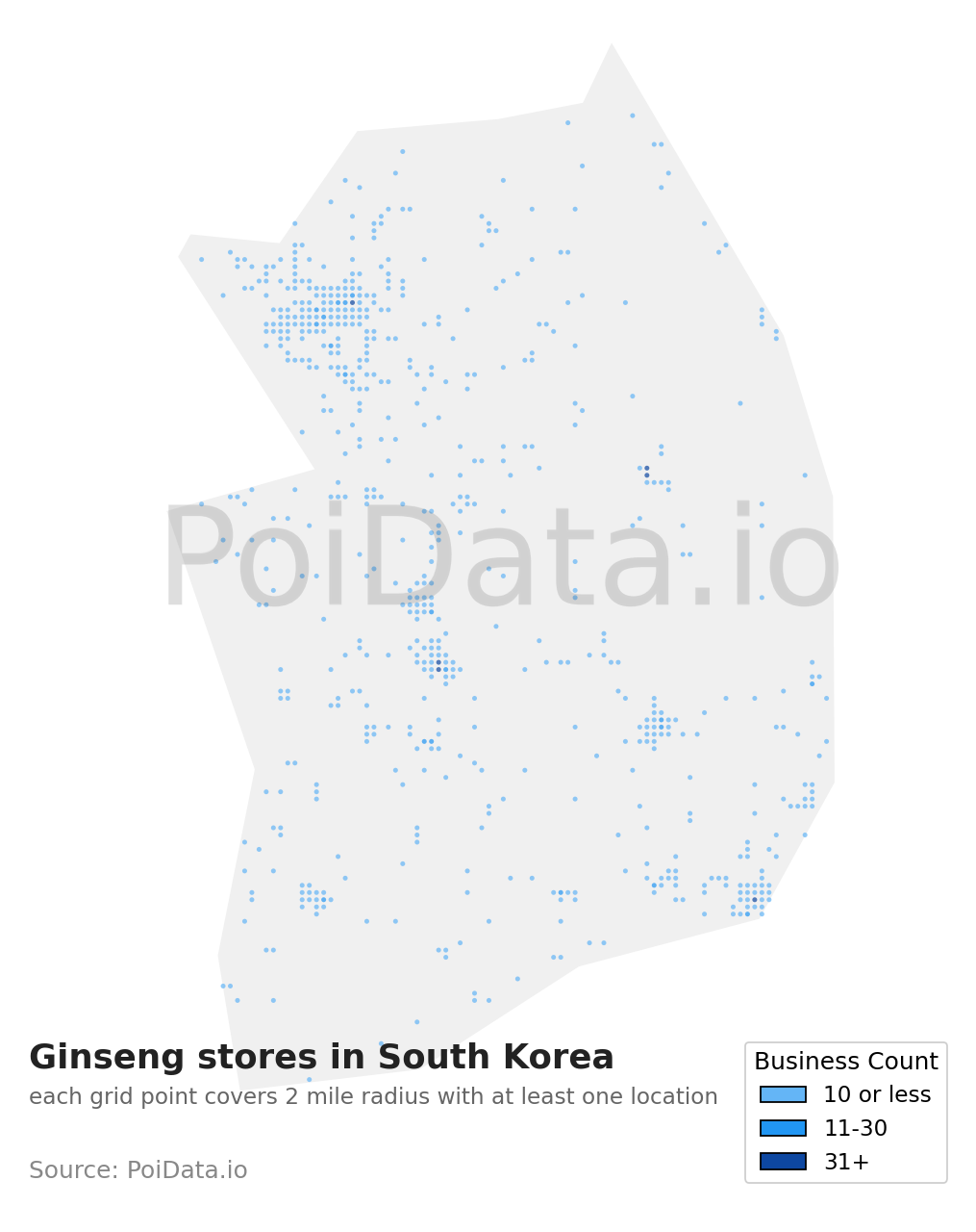Ginseng store density map for South Korea