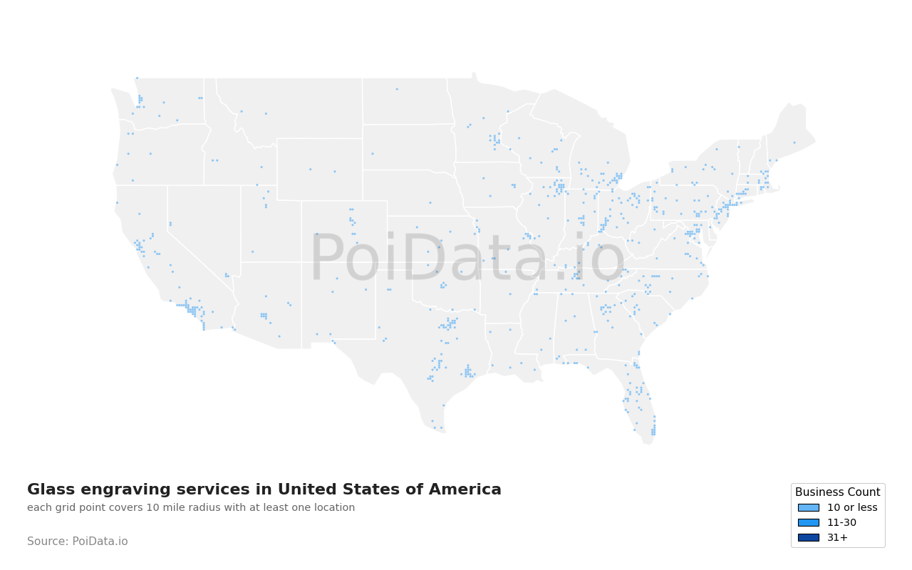 Glass engraving service density map for North Carolina, United States