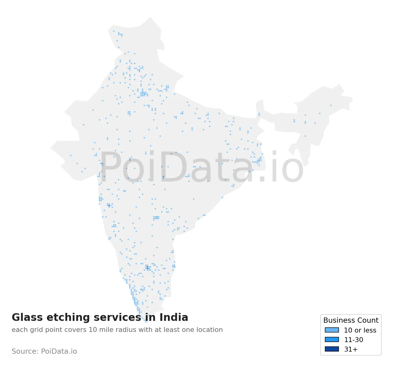 Glass etching service density map for India