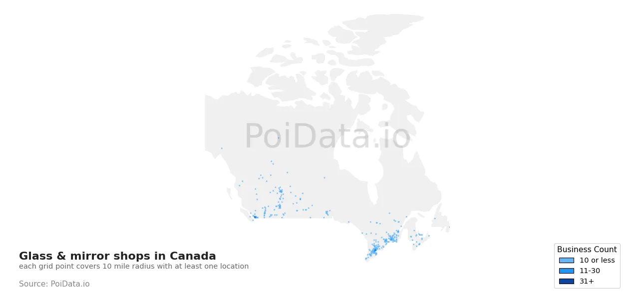 Glass & mirror shop density map for Canada