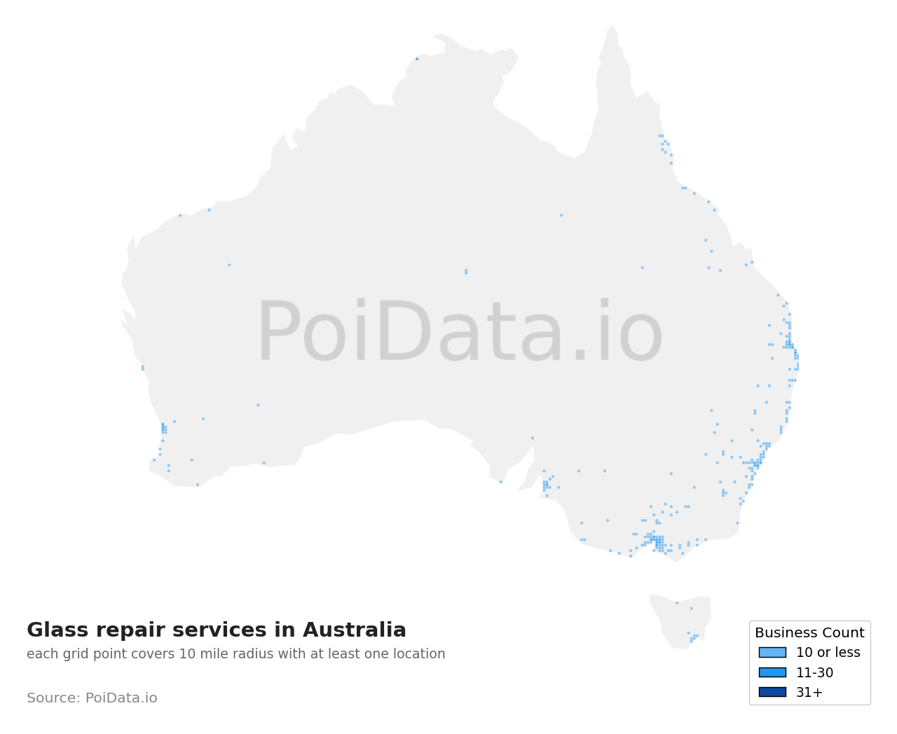 Glass repair service density map for QLD, Australia