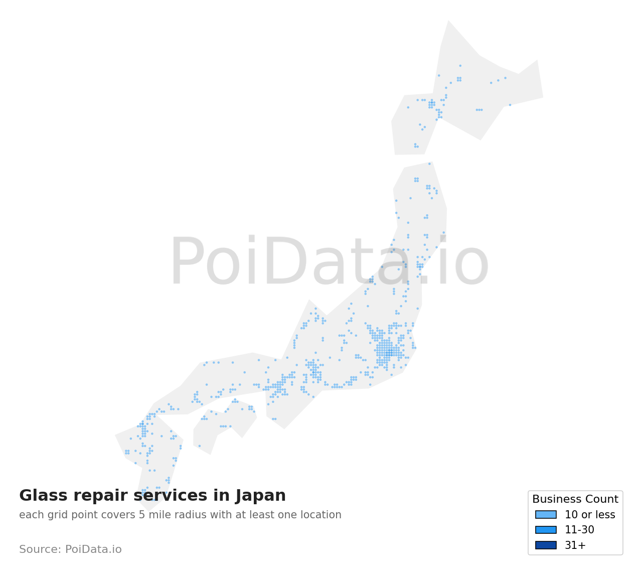 Glass repair service density map for Japan