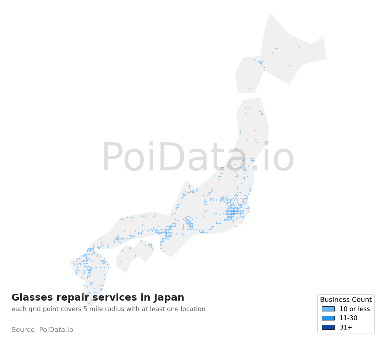 Glasses repair service density map for Shizuoka, Japan