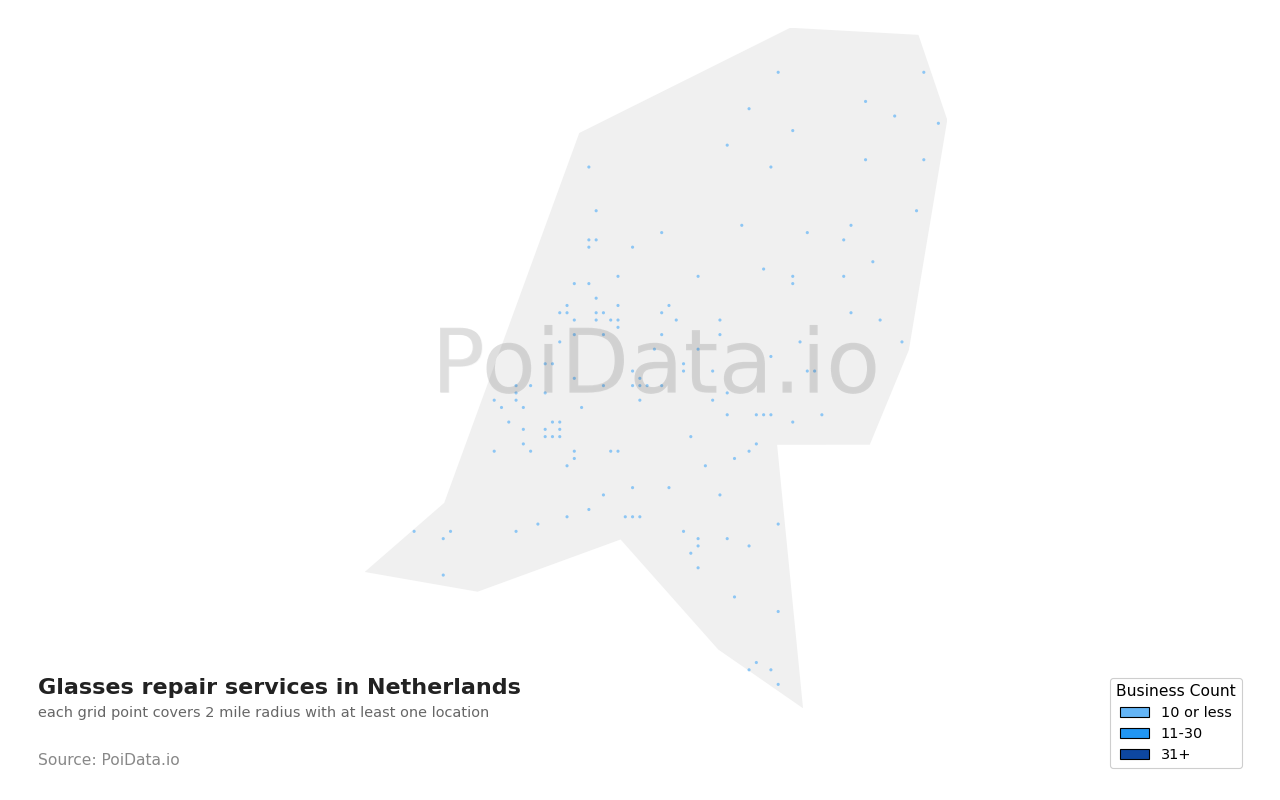 Glasses repair service density map for Netherlands
