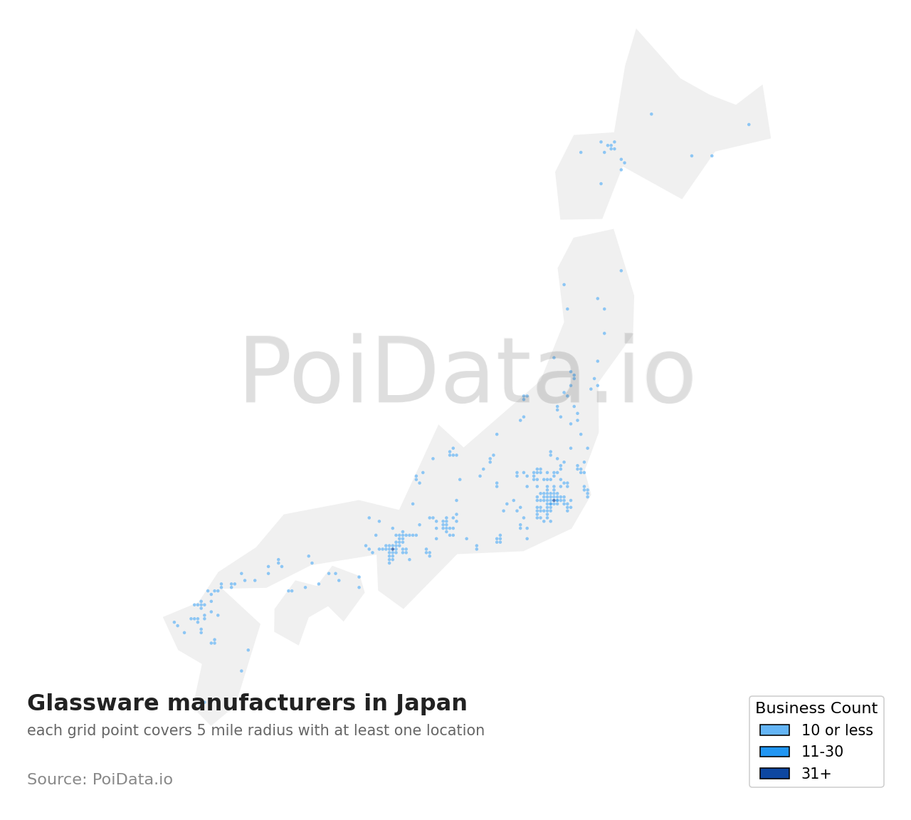 Glassware manufacturer density map for Japan