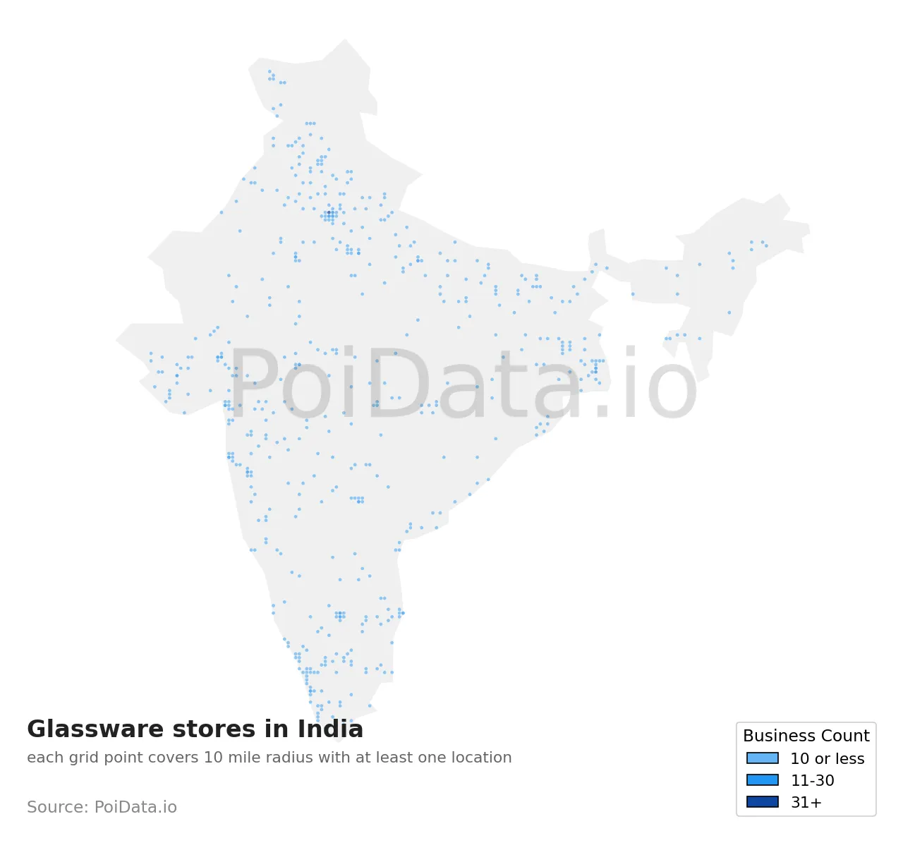 Glassware store density map for India