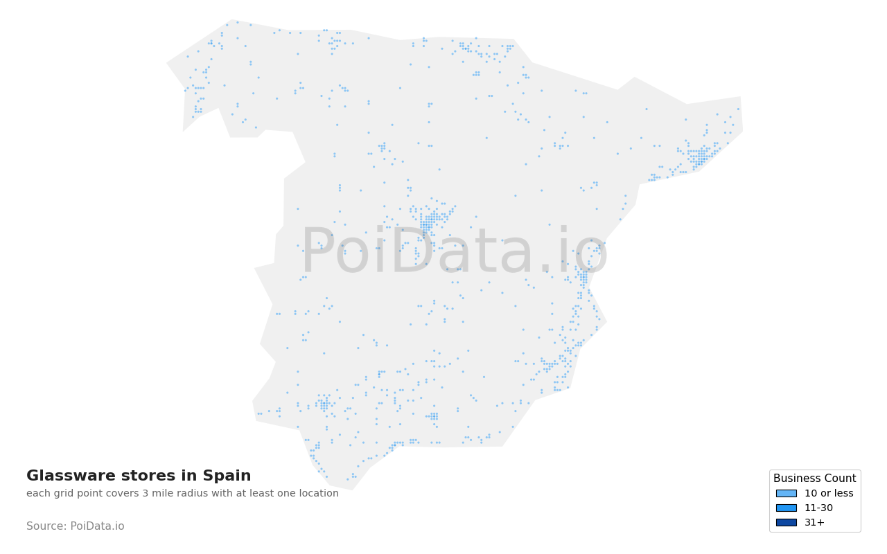 Glassware store density map for Spain